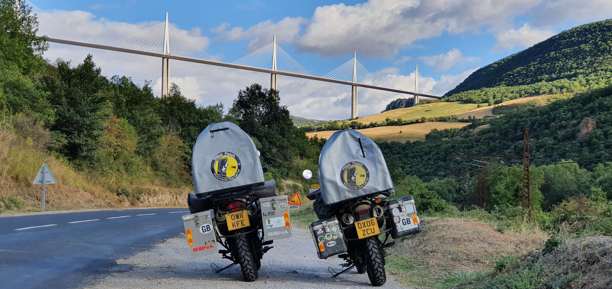 The Pack Track in France just before riding under the tallest bridge in the world, the Millau Viaduct. A great photo opportunity of our two Pillion Pooch's.