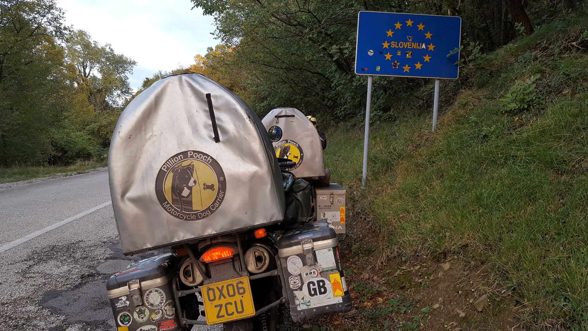 The Pack Track crossing in to Slovenia. Couldn't resist a photo of the Pillion Pooch's with the Slovenia sign.